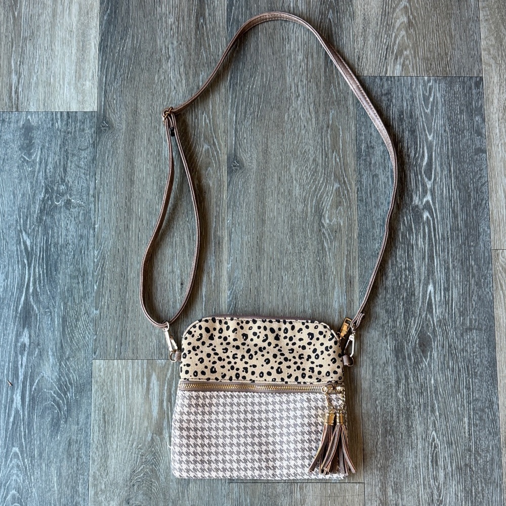 Crossbody Shoulder Bag in Taupe Leopard & Houndstooth